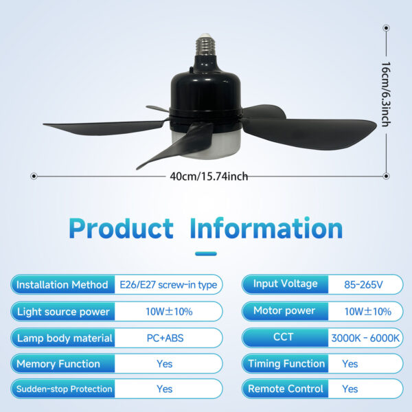 E26/E27 Socket Fan Light with Remote 15 Inch Black