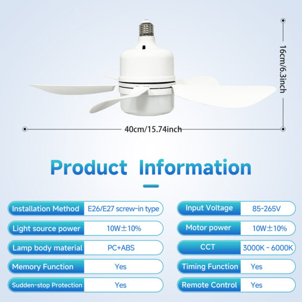 E26/E27 Socket Fan Light with Remote 15 Inch White - Image 2