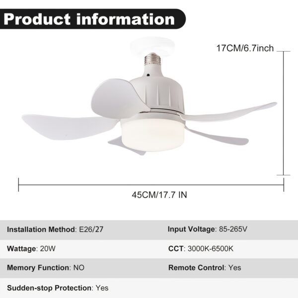 E26/E27 Socket Fan Light with Remote 17 Inch White - Image 3